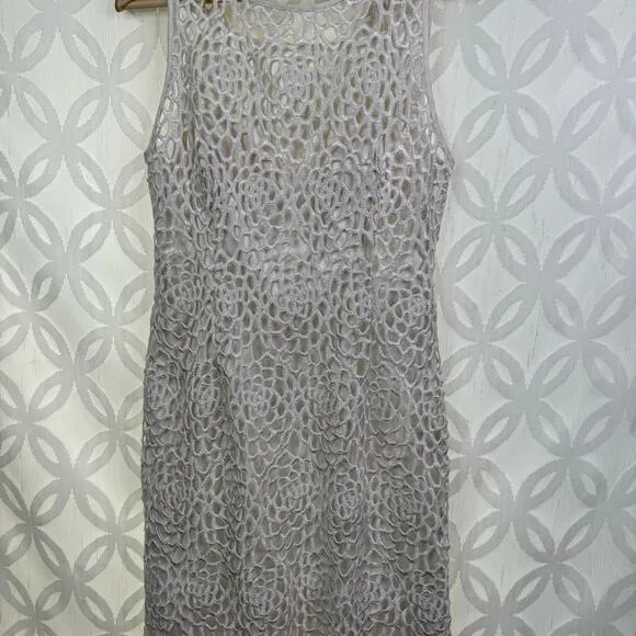 Adrianna Papell Evening White Peekaboo Lace‎ Illusion Bodice Sheath Dress Size 6 - Image 6