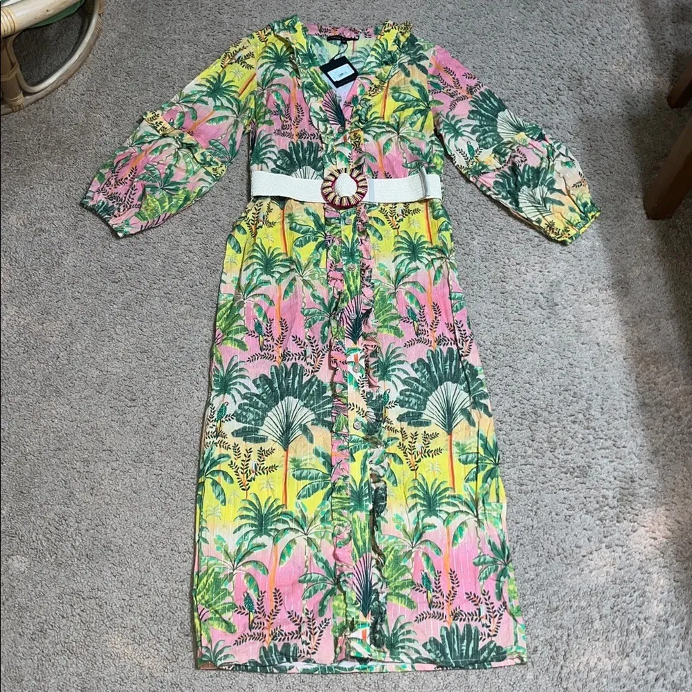 America & Beyond Endless Summer Tropical Floral Ruffle Shirt Dress Beaded Belt M Green Size M - Image 4