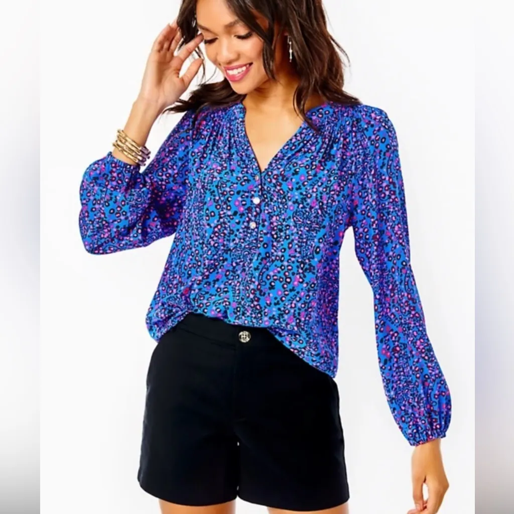 Lilly Pulitzer Elsa Silk Long Sleeve Top Blue Pink - Image 7