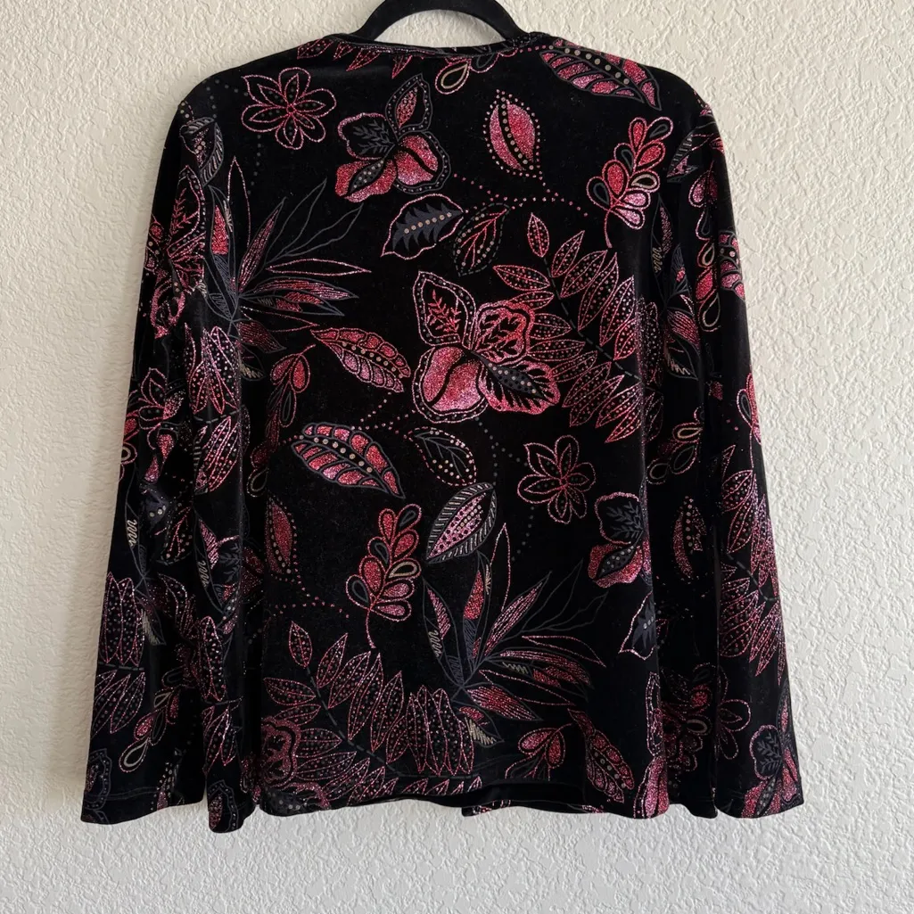 Black Velvet Floral Cardigan Stretch Knit Long Sleeve Dressy Layering Notations - Image 2