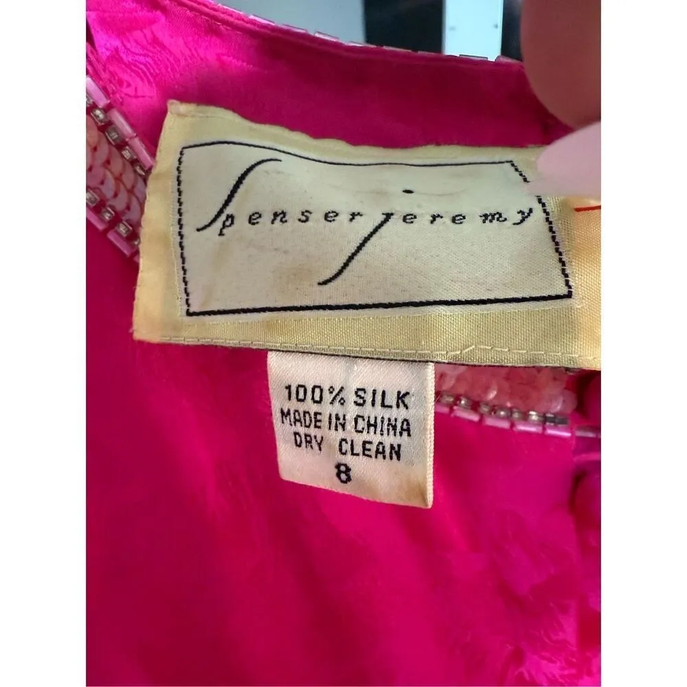 Spenser Jeremy Vintage 90s Hot Pink Magenta 100% Silk Beaded Midi Dress w/ Bow s Size 8 - Image 3