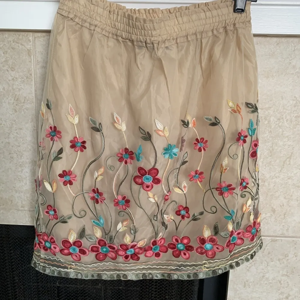 Womens August Silk Cream Floral Embroidered A Line Skirt Mesh Size S - Image 2