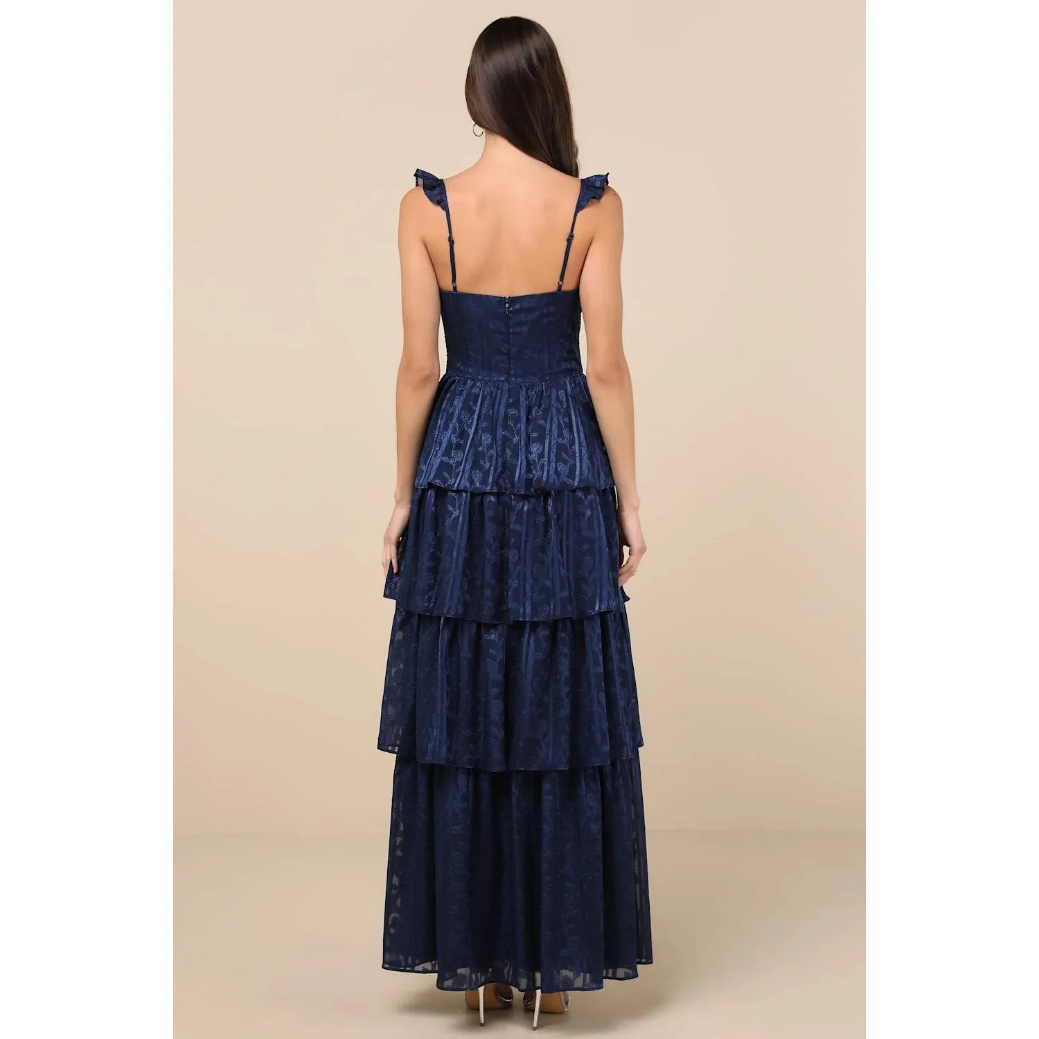 NWT Lulus Stunning Glory Navy Blue Floral Jacquard Tiered Maxi Dress Size 1X - Image 3