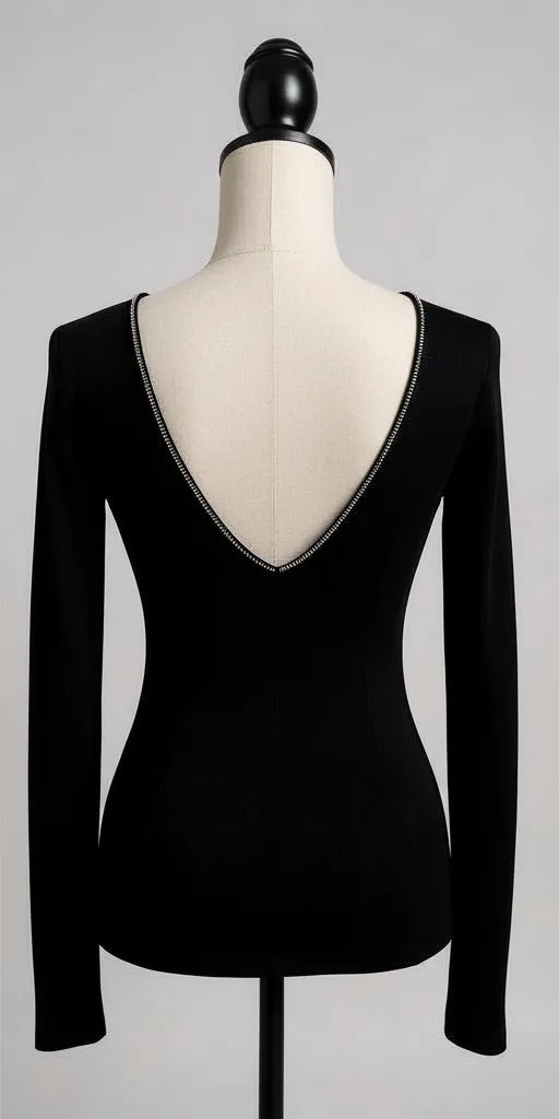 Brunello Cucinelli Monili Trim Virgin Wool Low Back Long Sleeve Top Dark Gray - Image 2