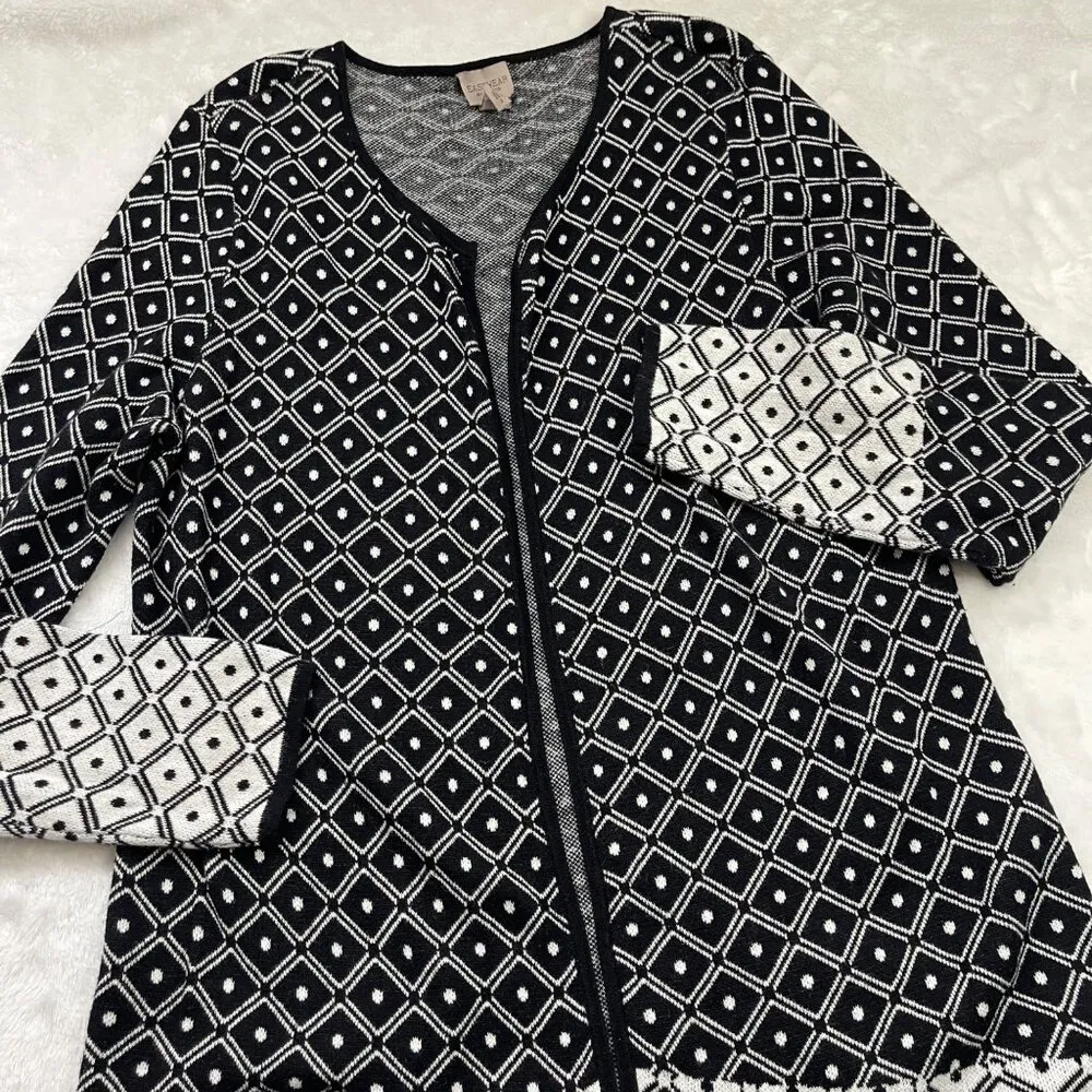Chico's Easywear Open Front Cardigan Size 2 (US 12) 100% Cotton Knit Black White - Image 6