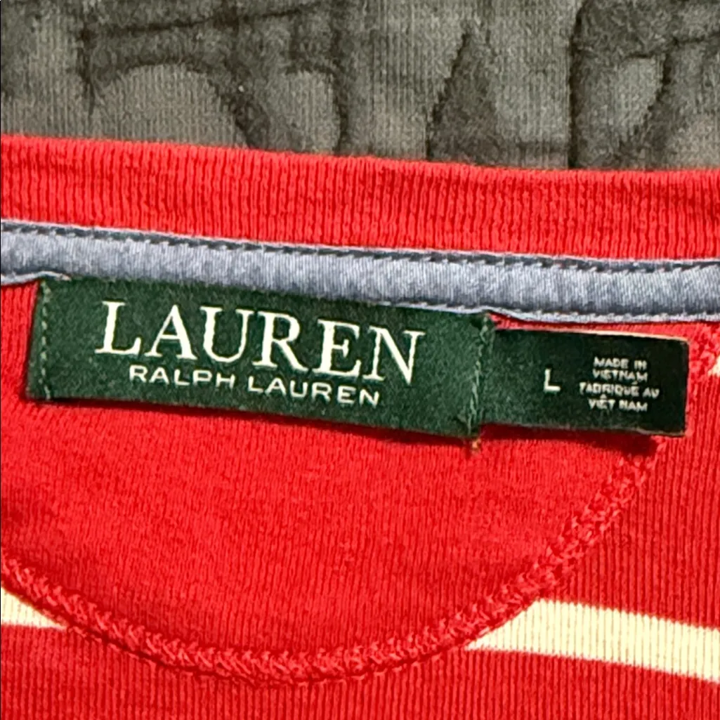 LRL size large red and white striped henley t-shirt buttons front casual womens - Image 9