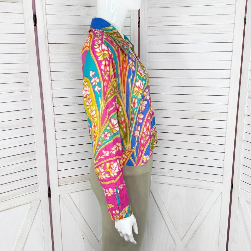 Haute Hippie Hawaiian Floral Faux Wrap Crop Long Sleeve‎ Blouse Pink Teal Small - Image 3