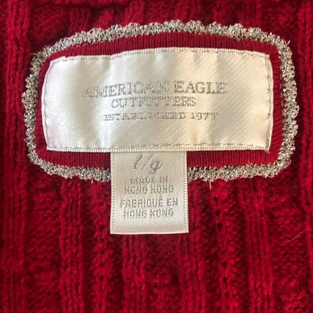 American Eagle V Neck Angora Blend Sweater Red Sz.LG Cable-Knit Cozy Soft LS - Image 3