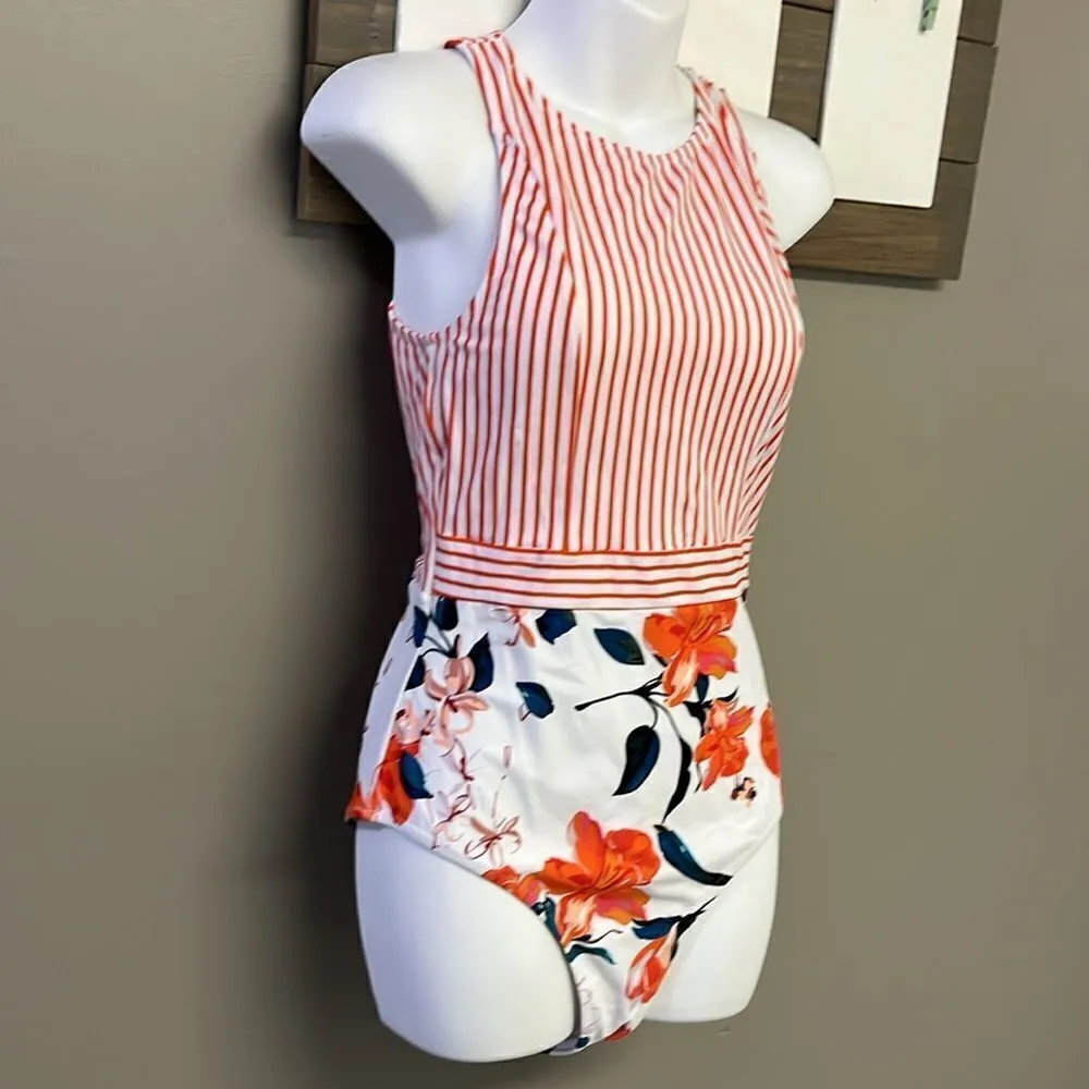 Cupshe One Piece Women’s Floral and Striped Pull-On High Neck Swim Suit-Medium - Image 4