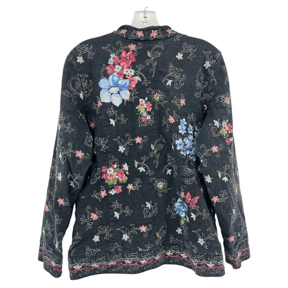 Denim & Co (M) VINTAGE 90s Womens Black Floral Embroidered Button Up Jean Jacket Size M - Image 2