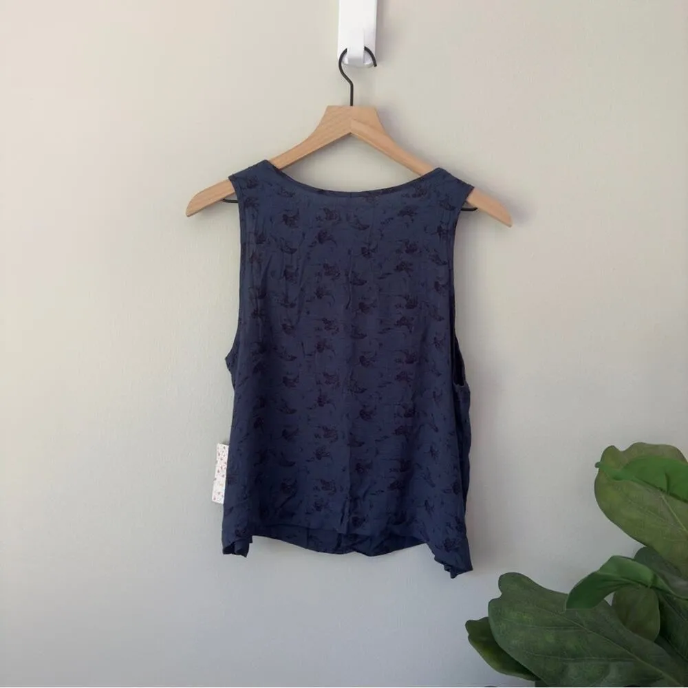 Free People Indigo Combo Tank Top Floral Print Cutout Sleeveless Crinkle Cut Out - Image 3
