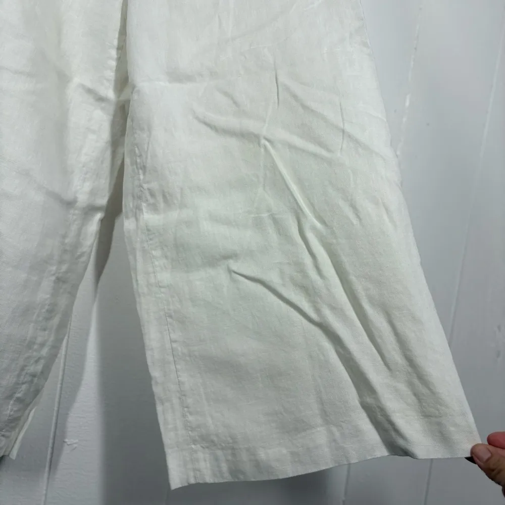 Lagenlook Linen White Trousers Pants Cropped Wide Leg Straight Womens 8 Coastal - Image 2