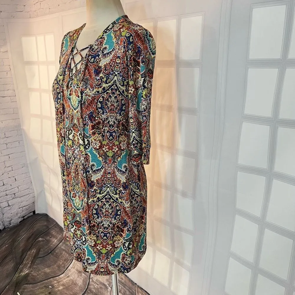 Veronica M. Lace Up Long Sleeve Multicolor Damask Print Mini Dress Size S - Image 3