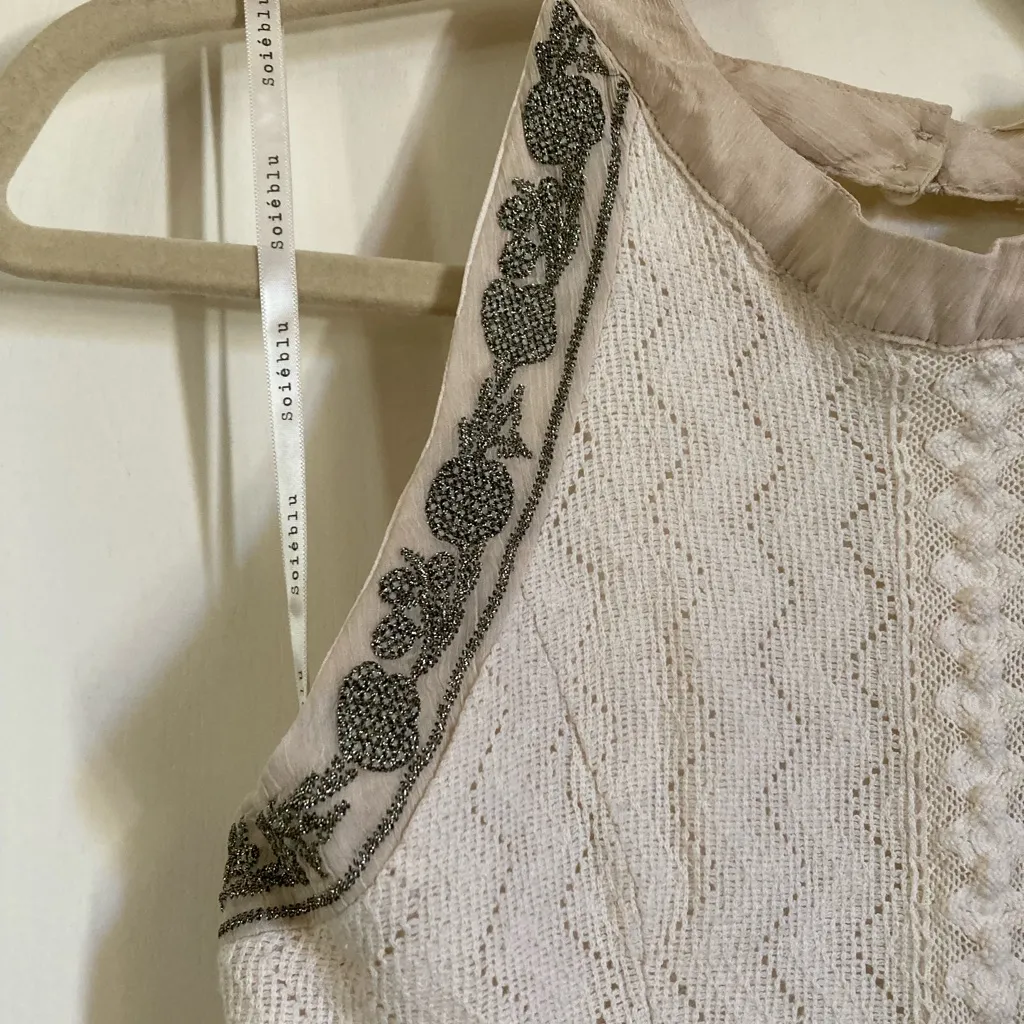 🌞Soieblu Cream Colored Embroidered Gray Floral & Ivory Diamond Mini Dress A - Image 4