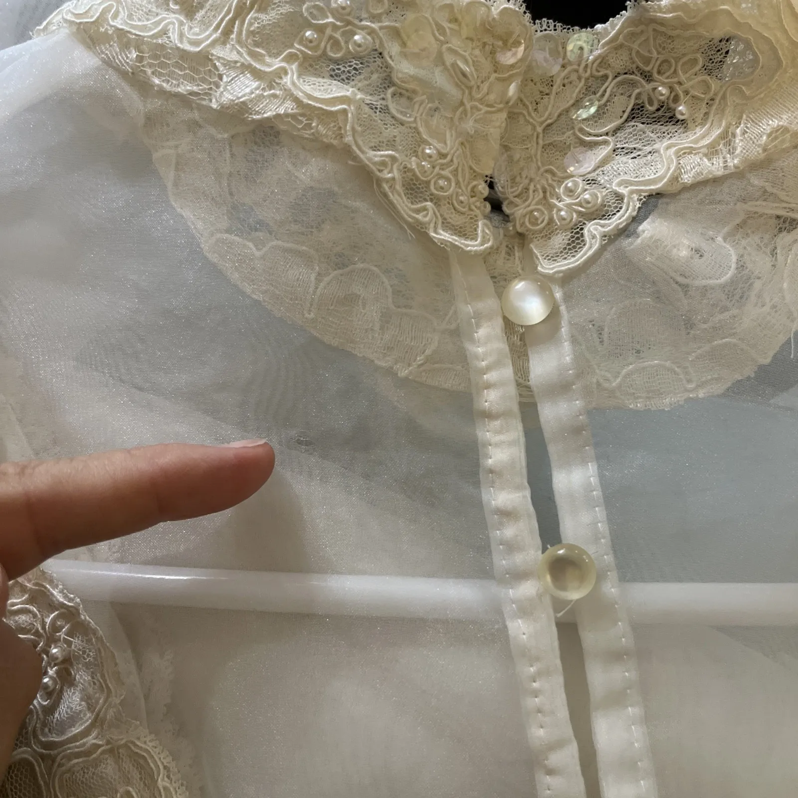 VTG Patra Embellished Blouse Organza Lace Pintuck Shoulder Pads‎ Feminine Sz 10 - Image 9