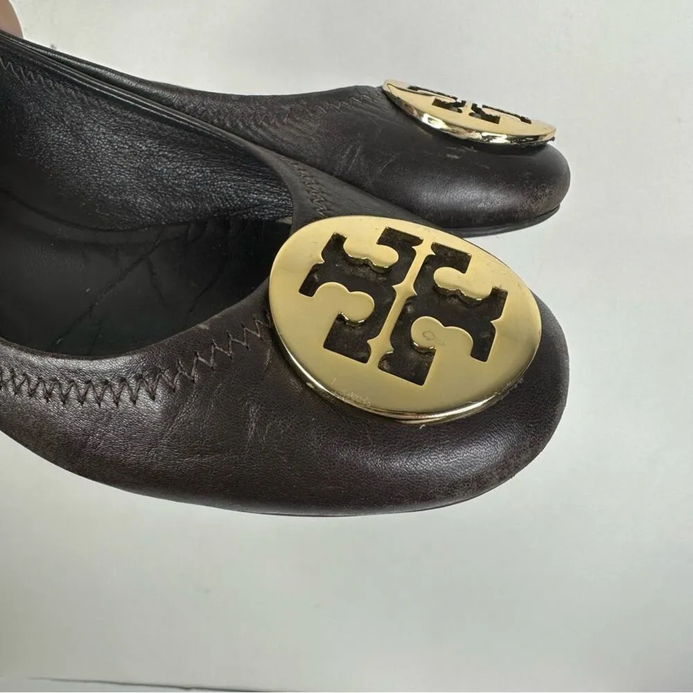 Tory Burch Size 7 M Brown Gold Logo Leather Ballet Flats - Image 9
