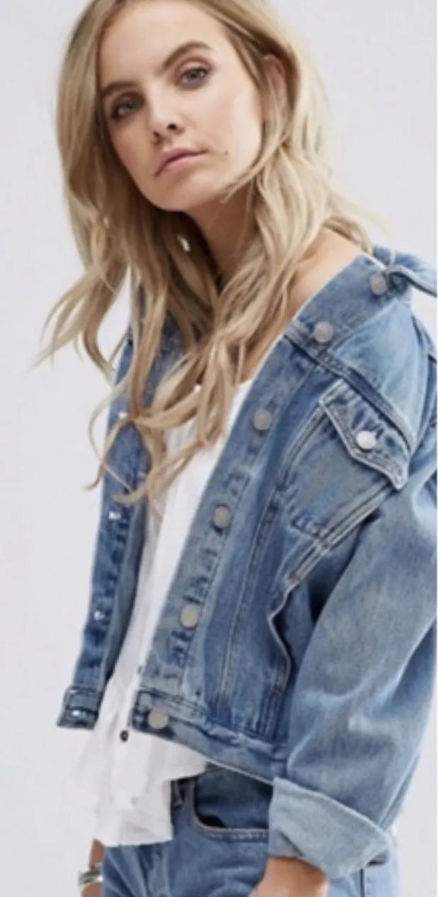 Glamorous Denim Jean Jacket XS Womens Trucker Hand Painted Floral Med Wash Blue - Image 2