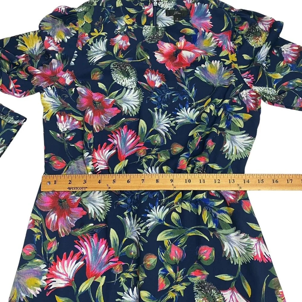 J. Crew Navy Blue Floral Print Flouncy Hem Long Sleeve Crew Neck Dress 2 - Image 10