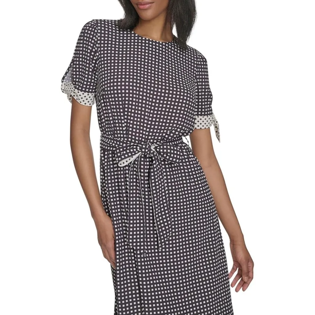 H Halston Short Sleeve Printed Belted Dress Size 10 Black White Checkered Midi - Image 2