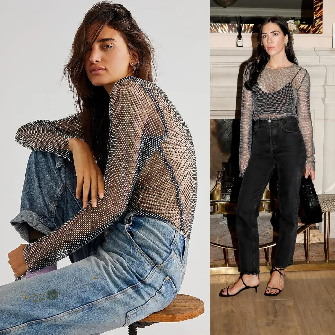 NEW Free People Women's Navy Filter Finish Long Sleeve Metallic Mesh Small Punk - Image 2