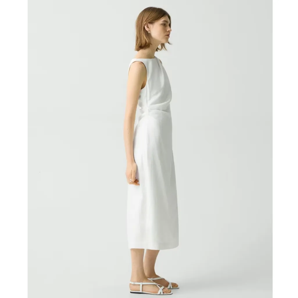 Theory Draped Midi Dress in Linen-Viscose White - Image 4