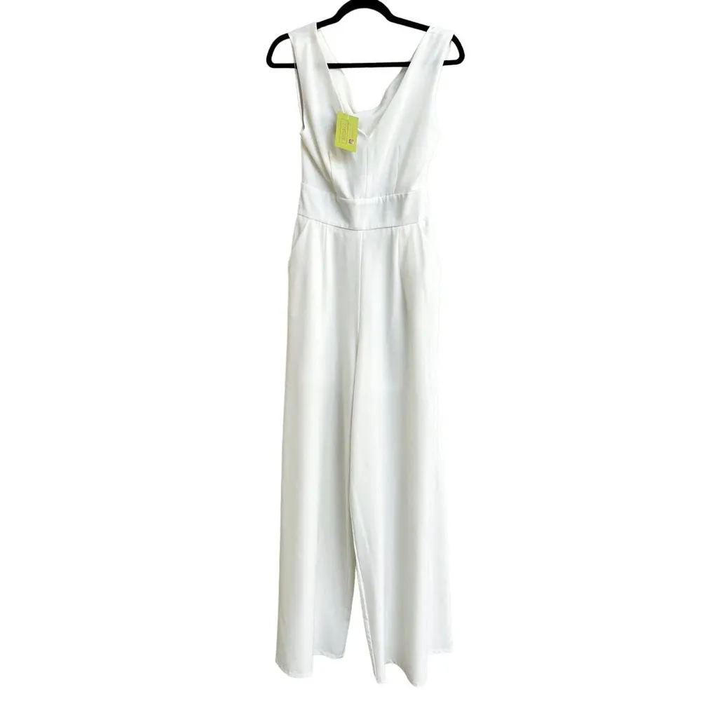 Alythea Pleated Front Open Crisscross Back Wide Leg Jumpsuit White Womens Size M - Image 3