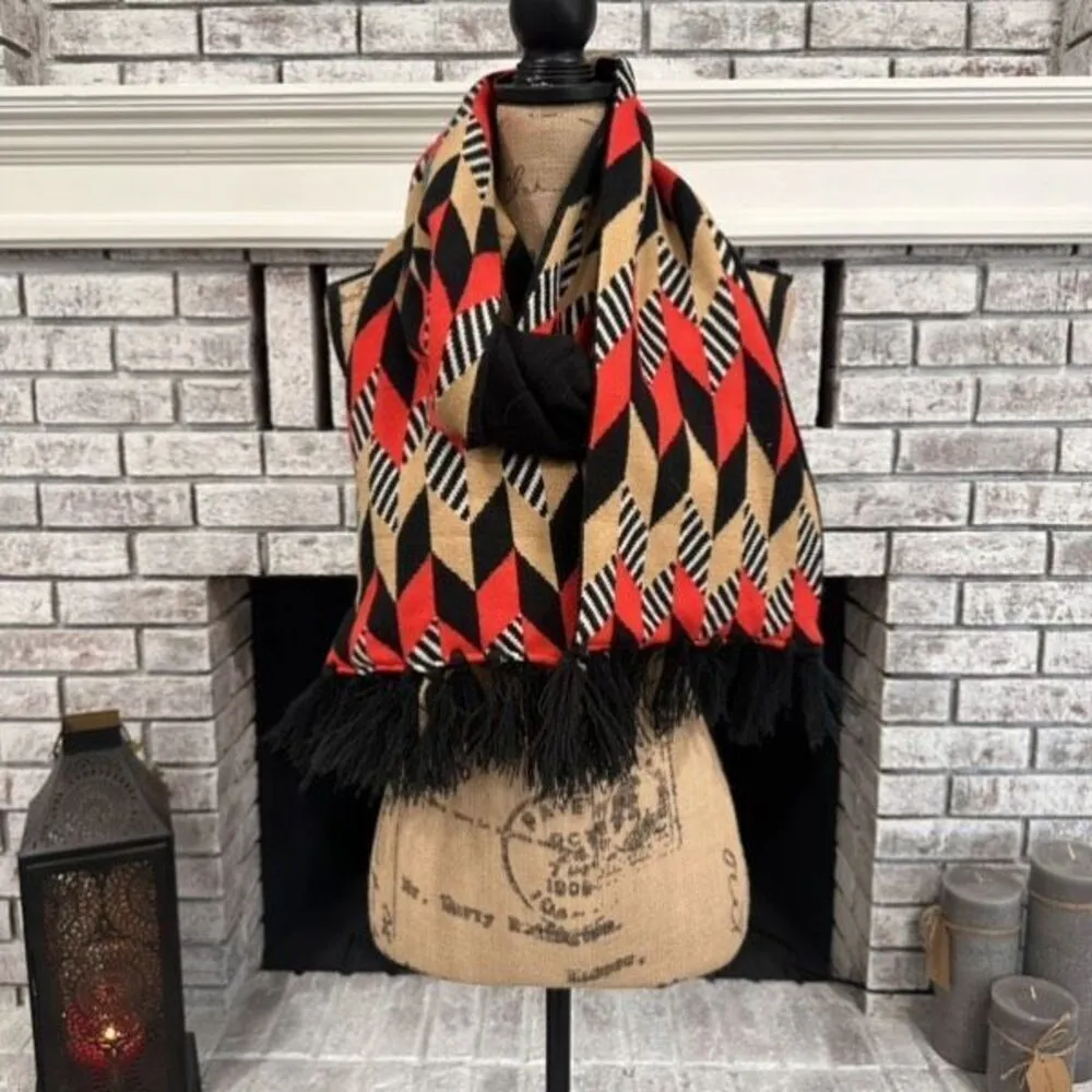 Vera Bradley Red Black Chevron Jacquard Knit Fringe‎ Scarf Winter Black Red Tan - Image 9