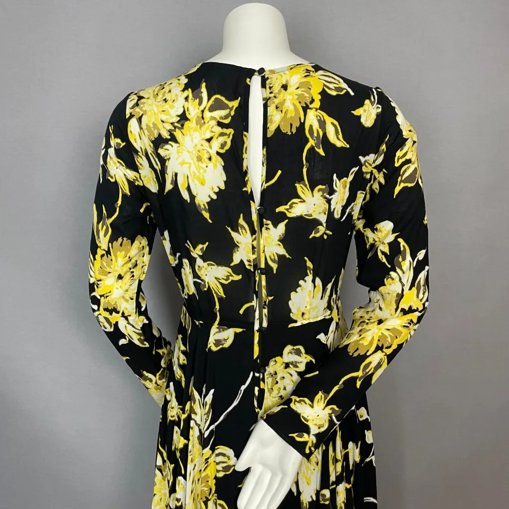 Free People First‎ Kiss Dress Floral Full Skirt Long Sleeves Black Yellow Small - Image 10