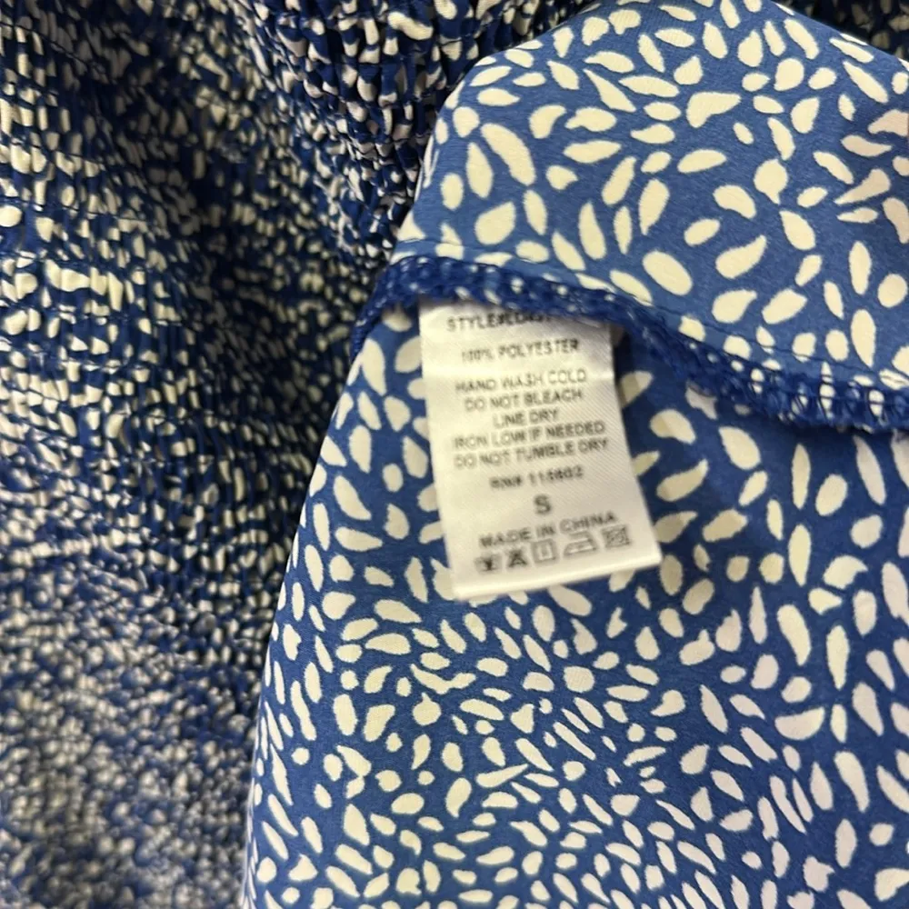 Lush Smocked Blue White Print Ruffled Off Shoulder Lightweight Dress Womens S - Image 13