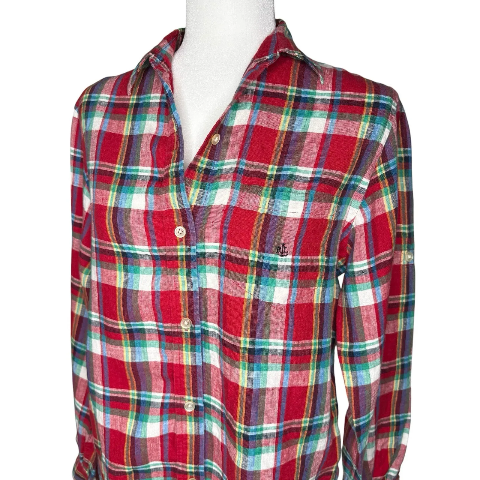 LRL Ralph Lauren S 100% Linen Button Down Roll Tab Shirt‎ Classic Plaid Logo - Image 4