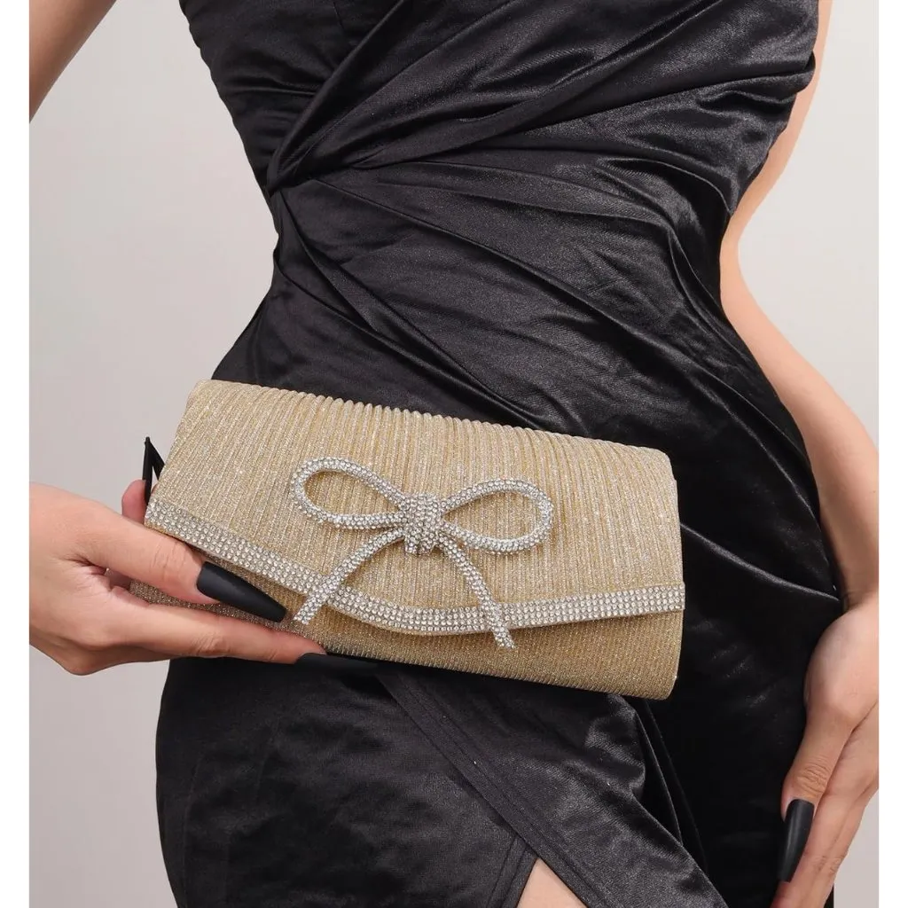 ⚡ Women's Gold Bow Sparkly Glitter Evening Rhinestone Party Prom Clutch Bag - Image 2