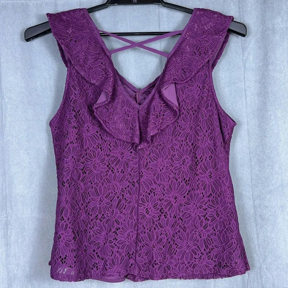 Skies Are Blue Size XL Purple Lace Ruffle Blouse Sleeveless Top V Neck Strappy - Image 4
