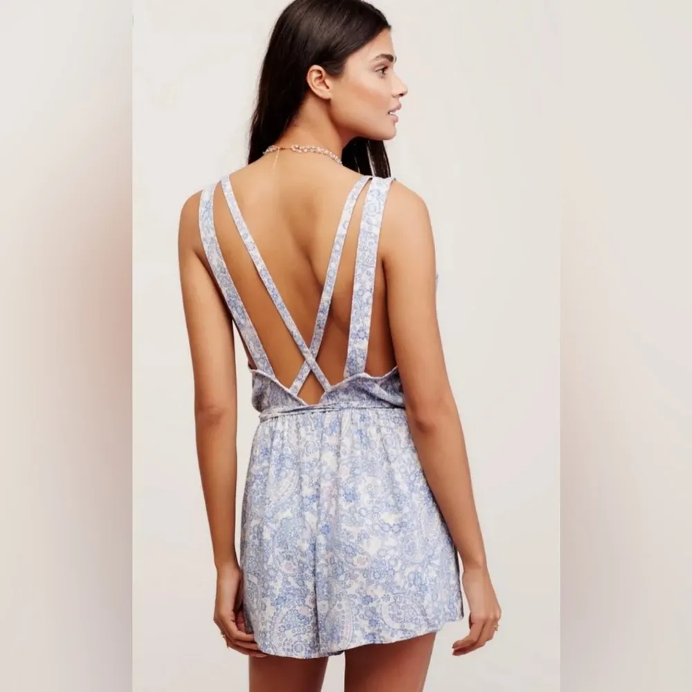 Free People Delfonic Flirty Paisley Romper Size 2 Blue Cross Back Straps Lined - Image 2