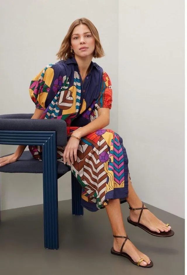 CAROLINA K Geometric Cotton Button Front Valerie Pleated Kaftan Gown Dress M Size M - Image 3