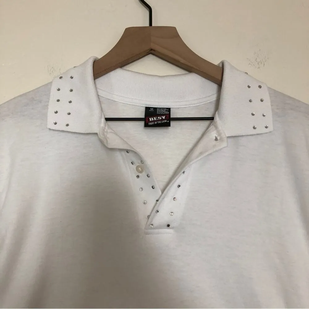 Fruit of the Loom Best Tee White Gemstone Rhinestone Button Collar T-Shirt Top - Image 2