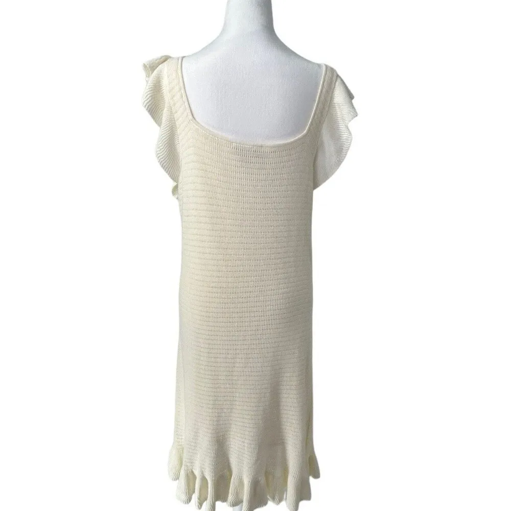 House of Harlow 1960 Cream Knit Ruffle Flutter Sleeve Knee Length Midi Dress L - Image 5