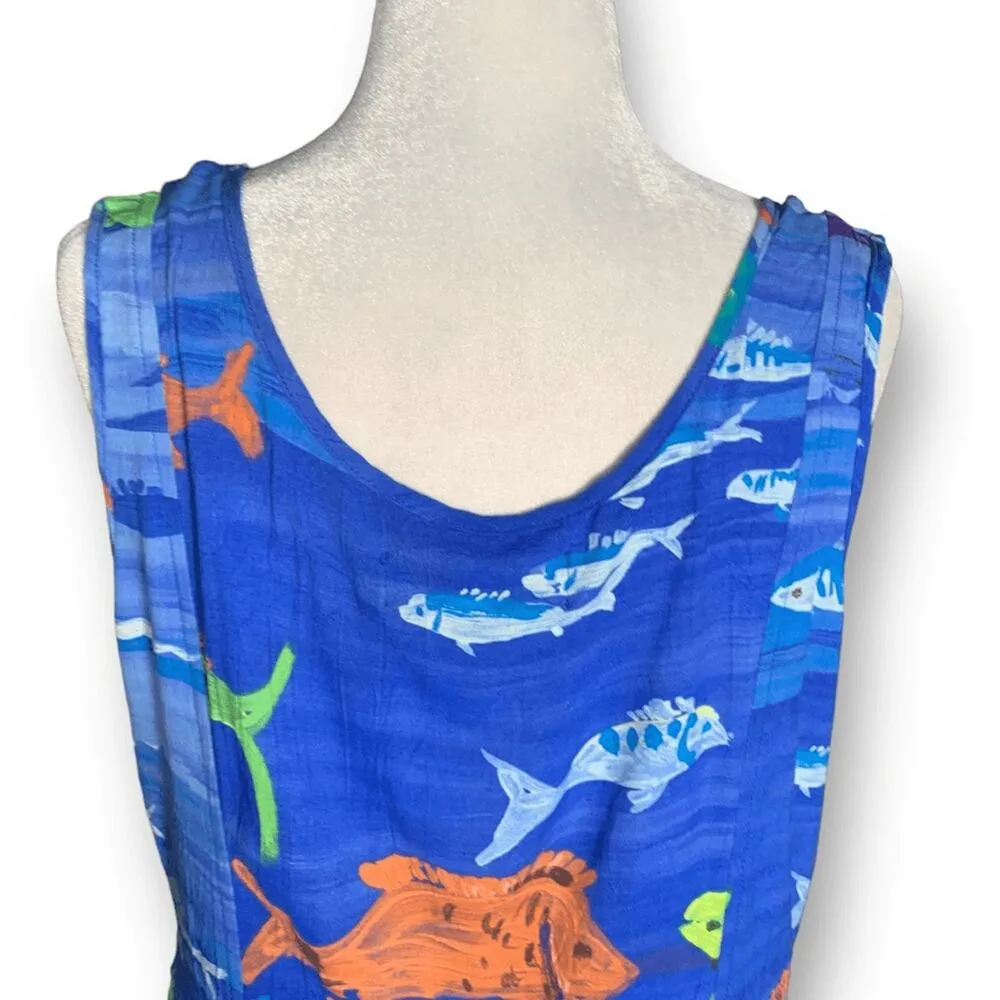 Vintage 90s Jams World Bounty Dress Small Scoop Neck Ocean Fish Animal Print - Image 6