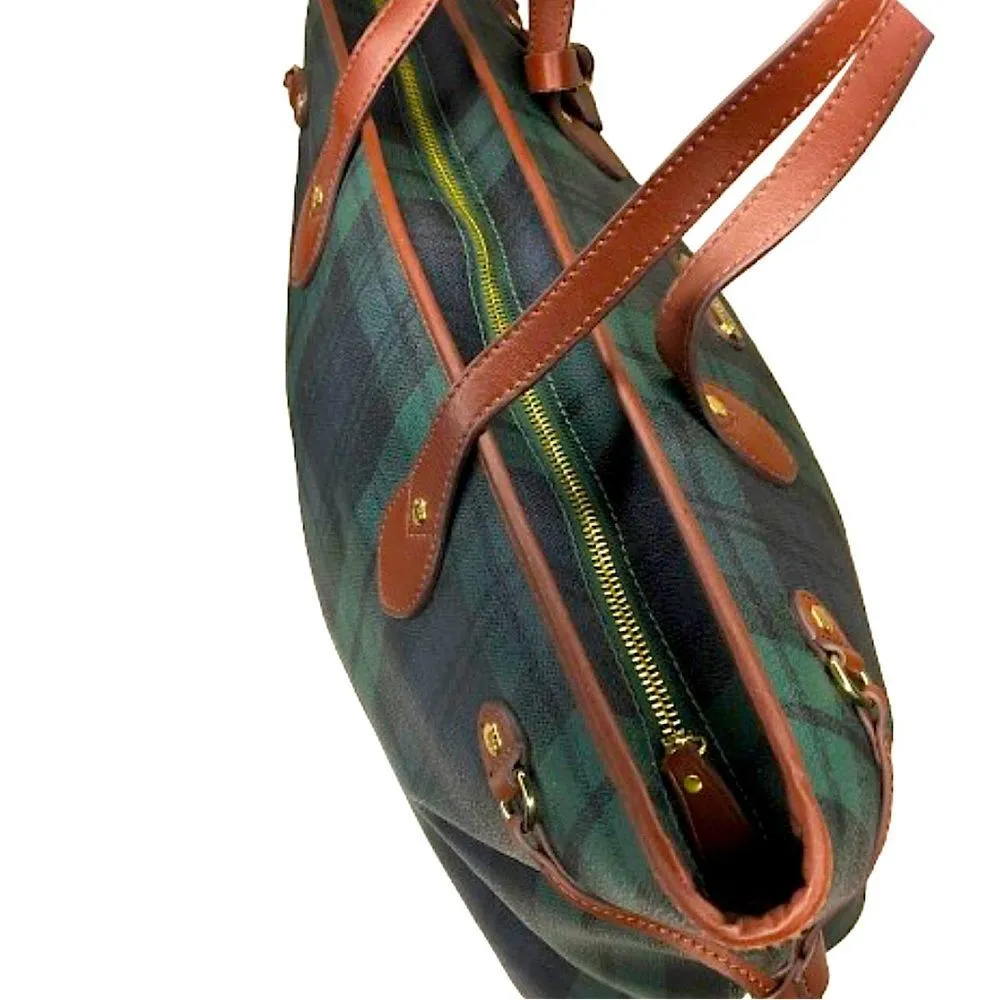 Black Watch Plaid Coated Canvas Leather Oversized Shoulder Bag Metal Feet Blue - Image 3