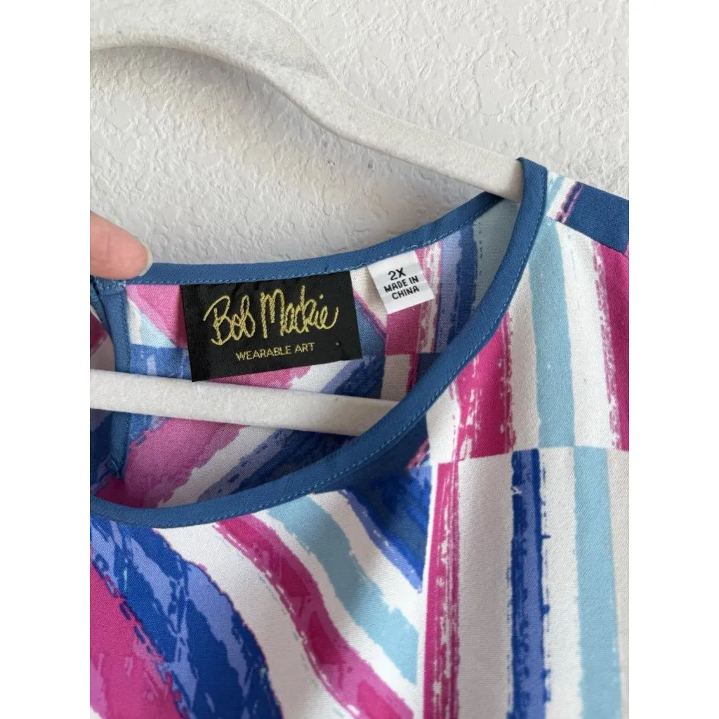 BOB MACKIE Wearable Art Abstract Stripe Tunic Top Chiffon Trim Blouse Women’s 2X Blue - Image 8