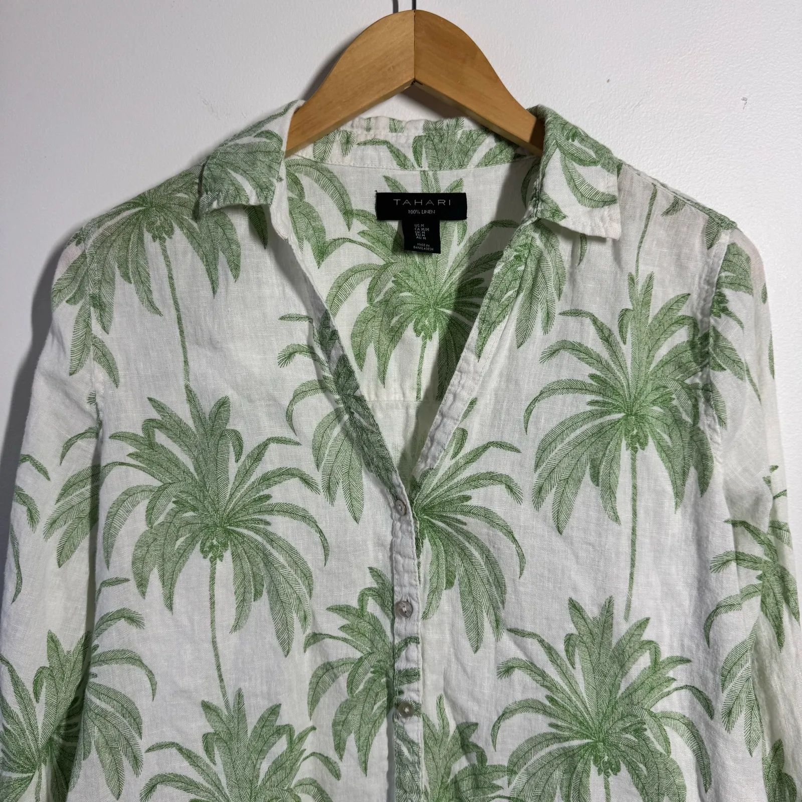 Tahari Linen Top Women M Palm Green Novelty Print Lightweight Coastal Vacation - Image 3