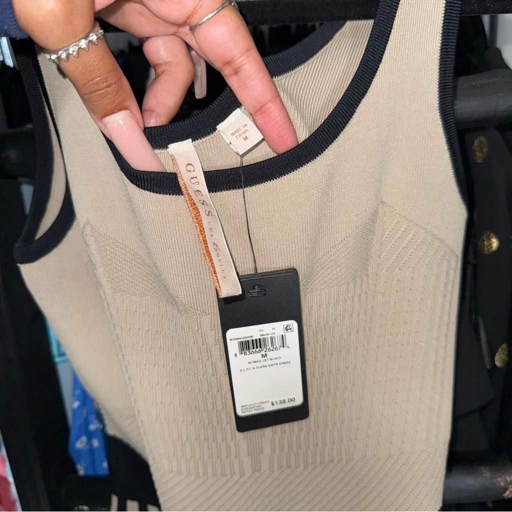 Guess Knit Fit & Flare Bandage Stripe Mini Dress Beige Black - Image 9