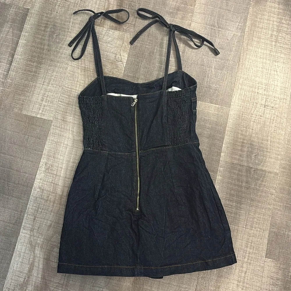 Dark Blue Denim Romper with Tie Straps - Image 3