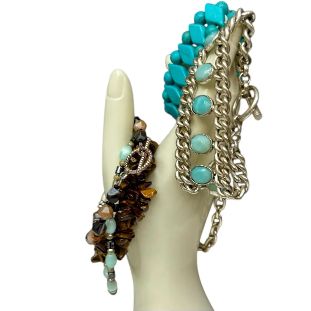 Bracelet Lot Turquoise Style, Beaded, Silver Tone, Tiger’s Eye Set of 6 Boho - Image 3
