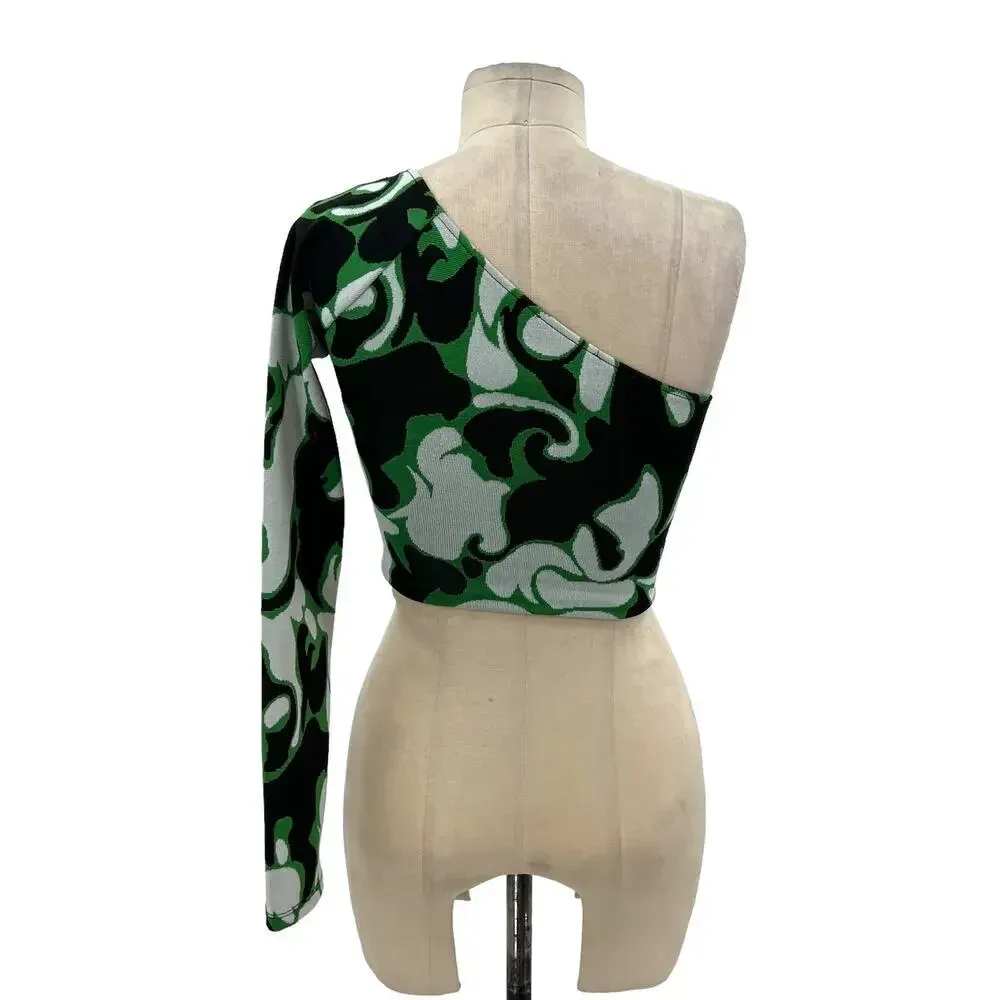 Zara Jacquard Asymmetric‎ One Shoulder Crop Top Ring Detail Black Green Small - Image 7