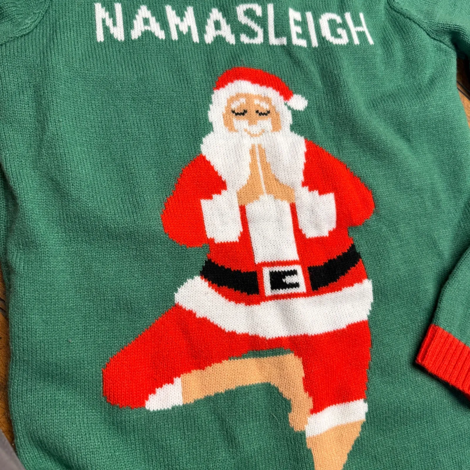 Norther Pole Namasleigh Santa Yoga Christmas Sweater Green Red Size S - Image 3
