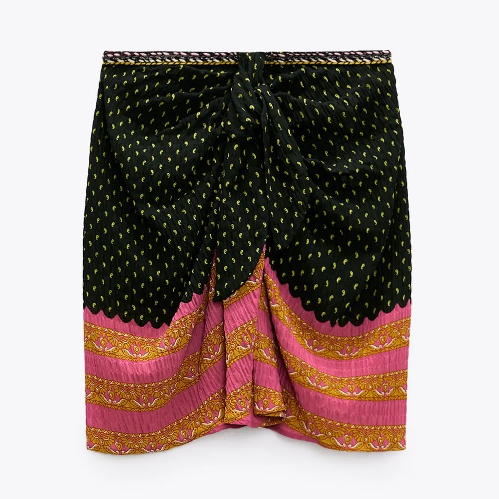 NWT ZARA BOHEMIAN BLOGGERS FAV PRINTED WRAP MINI SKIRT GREEN PINK SMALL - Image 2