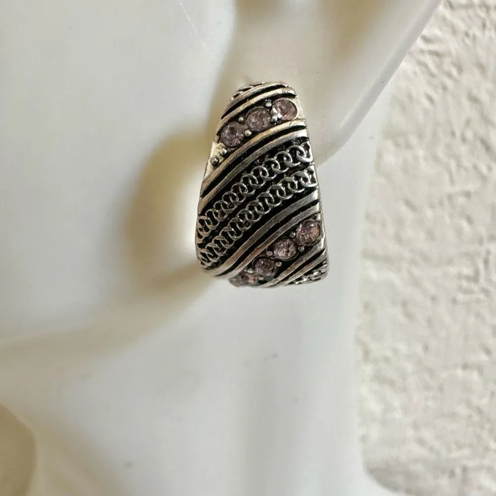 Silver tone pink rhinestone half hoop earrings - Image 2