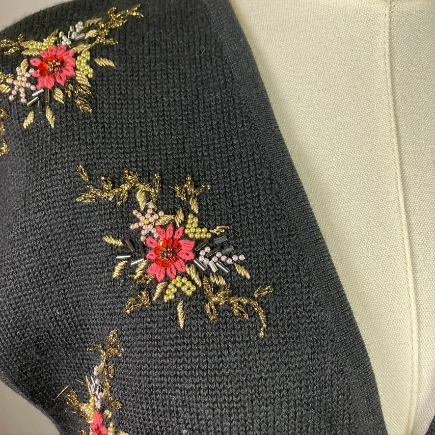Susan Bristol Floral Beaded Black Wool Knit Vest‎ Womens Medium Vintage 80's - Image 2