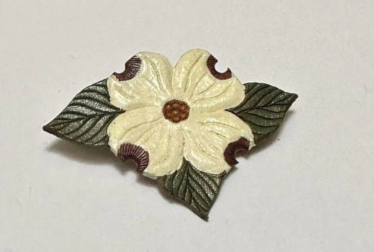 Handcrafted Leather Like Dogwood Flower Floral Brooch Pin - Image 5
