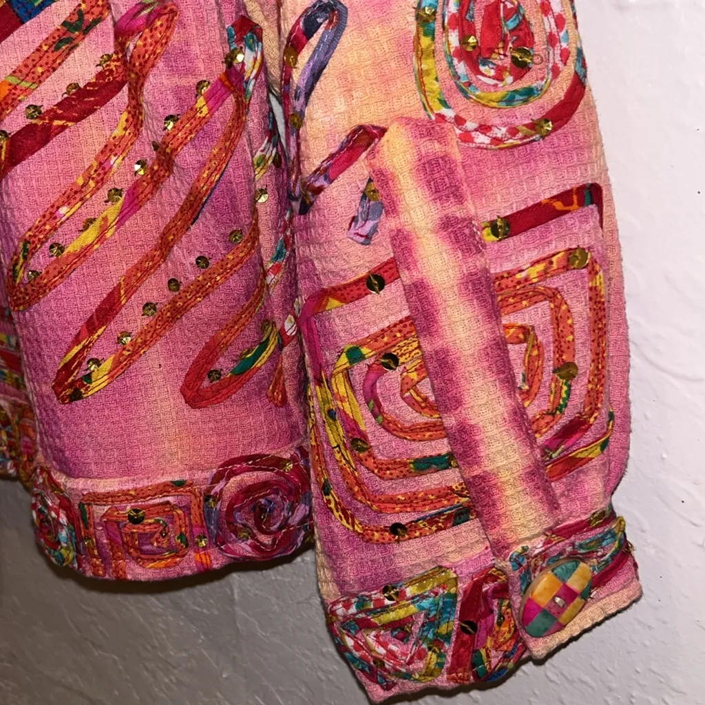 Vintage Bright Pink Ribbon and Sequin embellished Jacket multicolor wearable art Size XL - Image 8